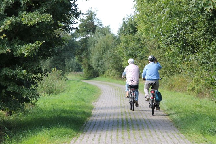 Zwei Radfahrer fahren entlang eines landwirtschaftlichen Weges