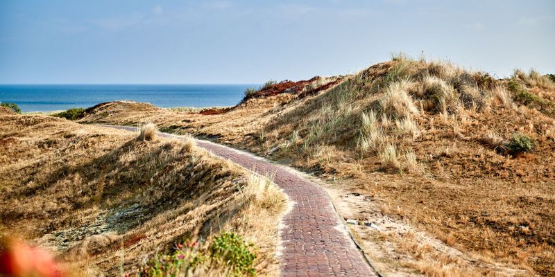 Weg durch die Dünen auf Langeoog mit Nordsee im Hintergrund